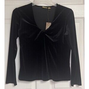 NWT Caslon Women Black Long Sleeve Velour Knit Top Small V-Neck Career Party